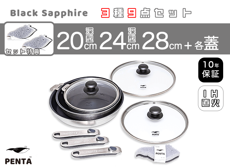フライパン3種9点セット 20㎝深型/24㎝深型/28㎝ 各蓋付き 王様フライパンPENTA ブラックサファイア＋特典スポンジ3個