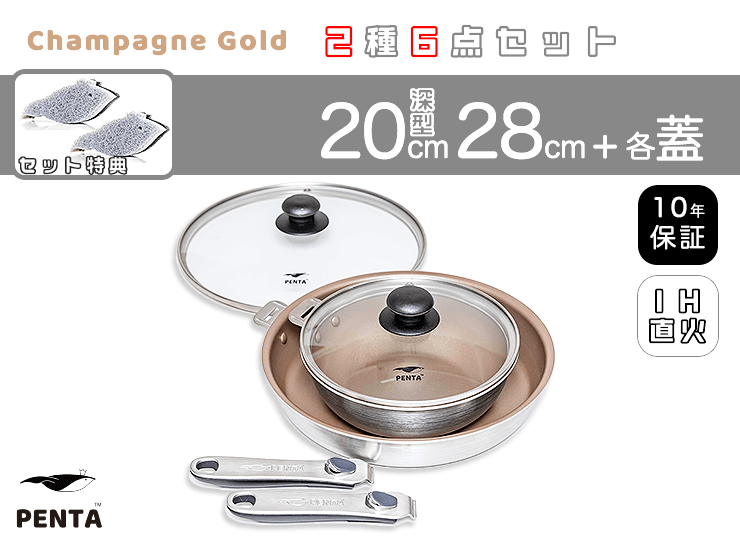 フライパン2種6点セット 20㎝深型/28㎝ 各蓋付き 王様フライパンPENTA シャンパンゴールド＋特典スポンジ2個